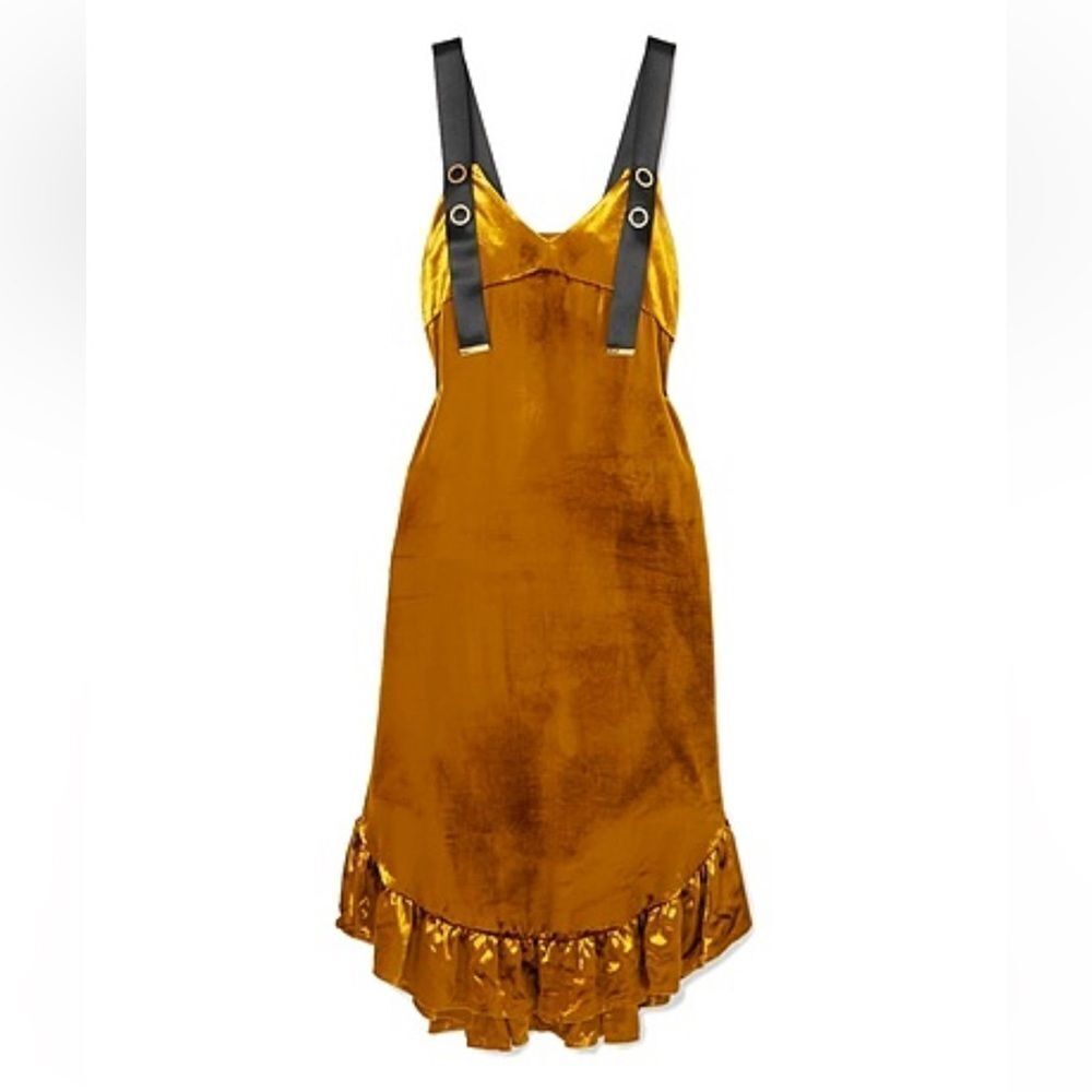 Mother Of Pearl Florence dress RUFFLE-TRIMMED VELVET midi mustard $750 US 8